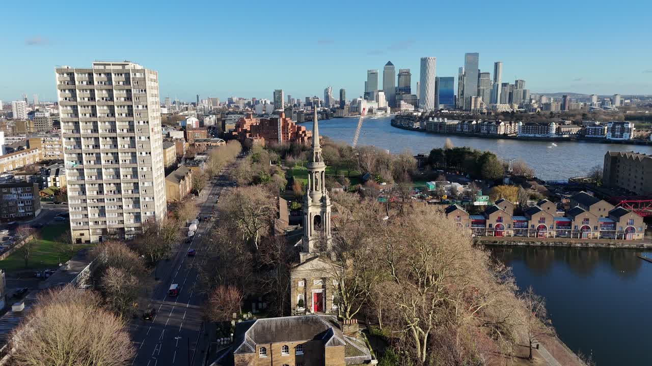 St Paul's, church Shadwell East London next to tower block UK drone,aerial