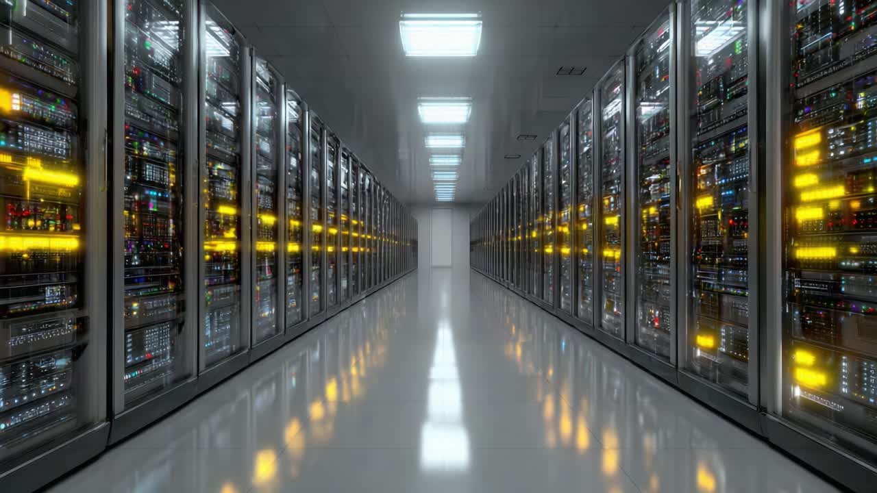 A High-Tech Data Center Showing Rows of Server Racks Bathed in Ambient Light, Illustrating the Pulse of Modern Computing and Digital Infrastructure