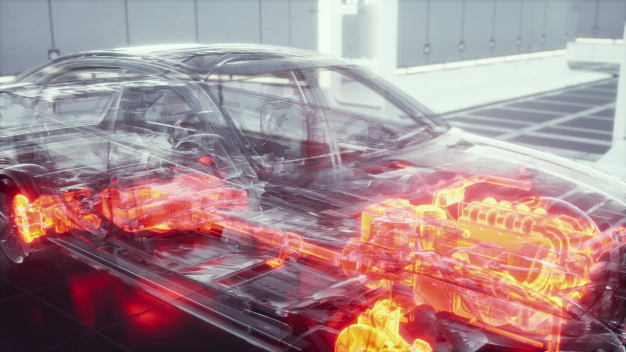 실험실에서 엔진이 있는 투명한 자동차