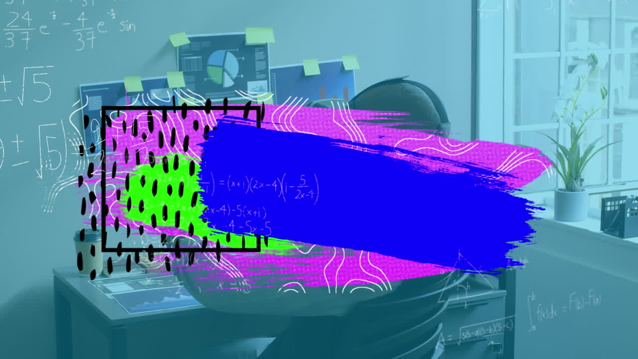 animación de manchas y formas coloridas sobre el hombre de negocios usando auriculares vr