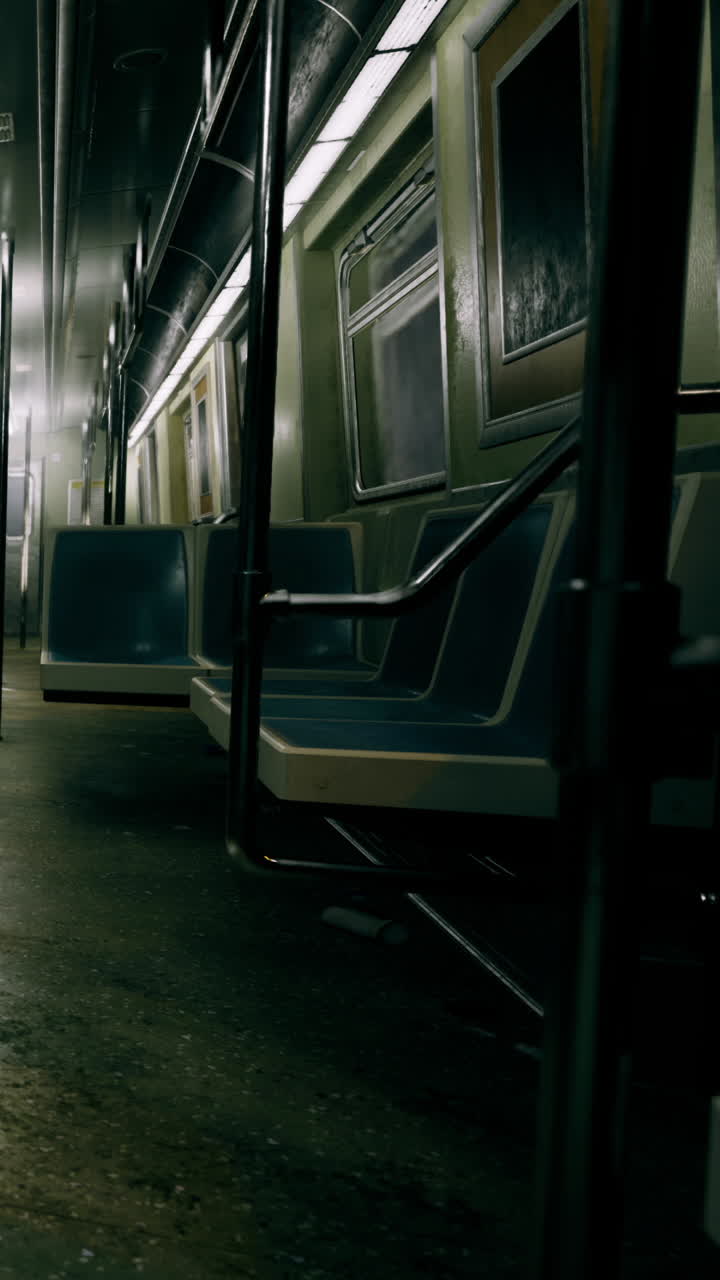 Interno di un vagone della metropolitana vuoto a tarda notte in una città.