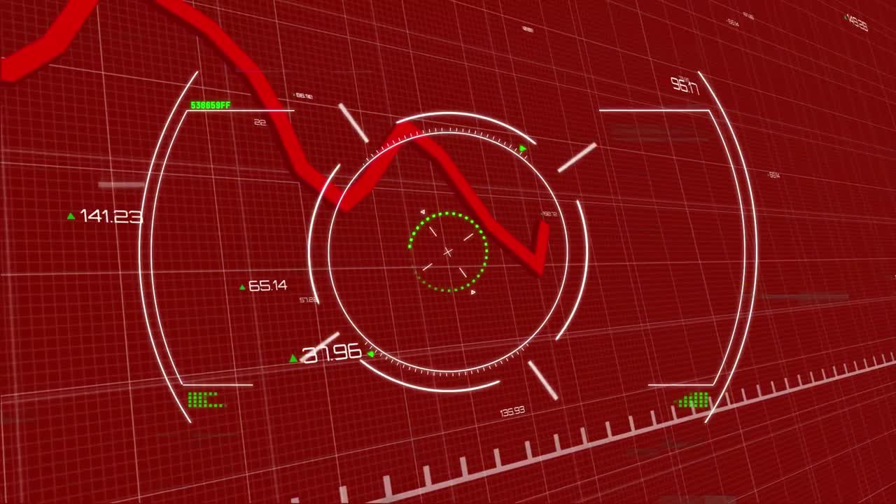 animación de círculos, patrón de placa de circuitos, gráfico, cambios de números contra un fondo rojo.