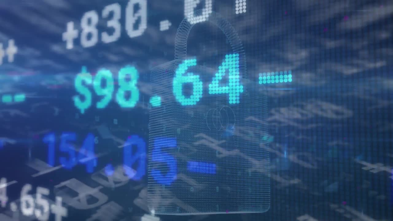 Animation of security padlock over financial data processing and binary coding