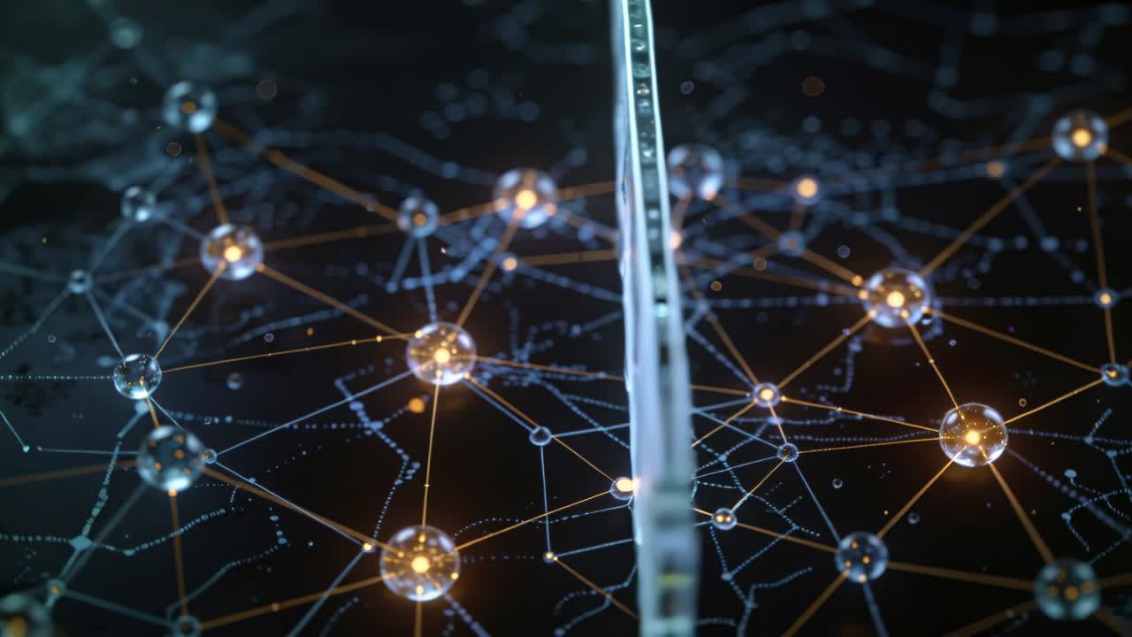 Vertical video: Hovering glass slab starting tilt, gliding above node grid, drops bending lights