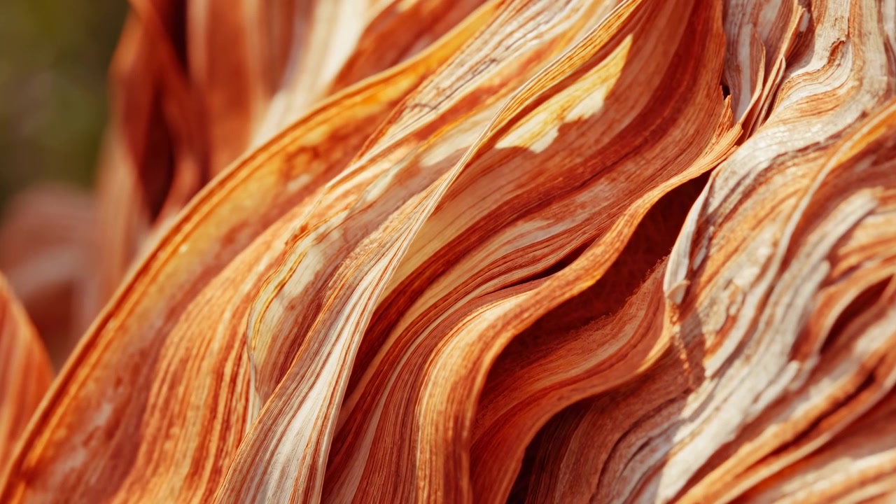 Vista ravvicinata di fibre vegetali arricciate a strati o materiale organico essiccato in toni caldi arancione, crema, marrone chiaro e ruggine, con pieghe fluide, striature sottili, sfocatura dello sfondo morbida e dettagli naturali tattili.
