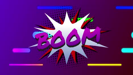 animation of boom text over colorful lines on purple background