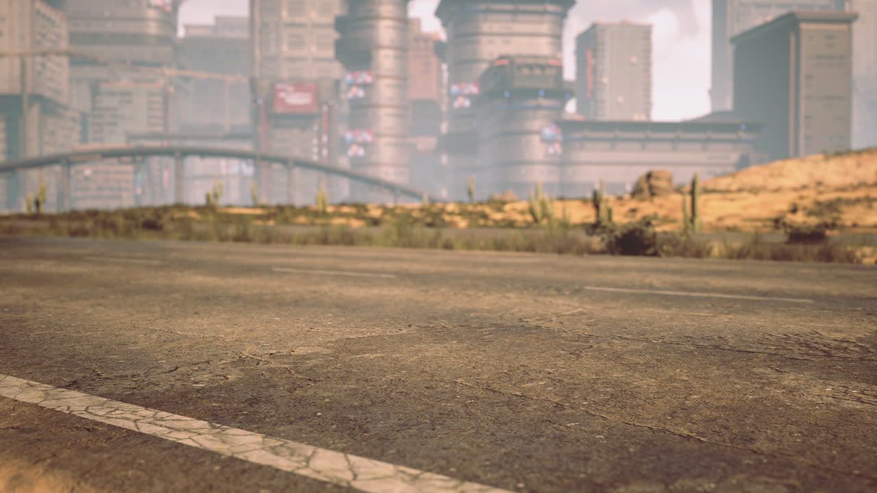 Urban landscape with futuristic buildings and desert road under sunlight