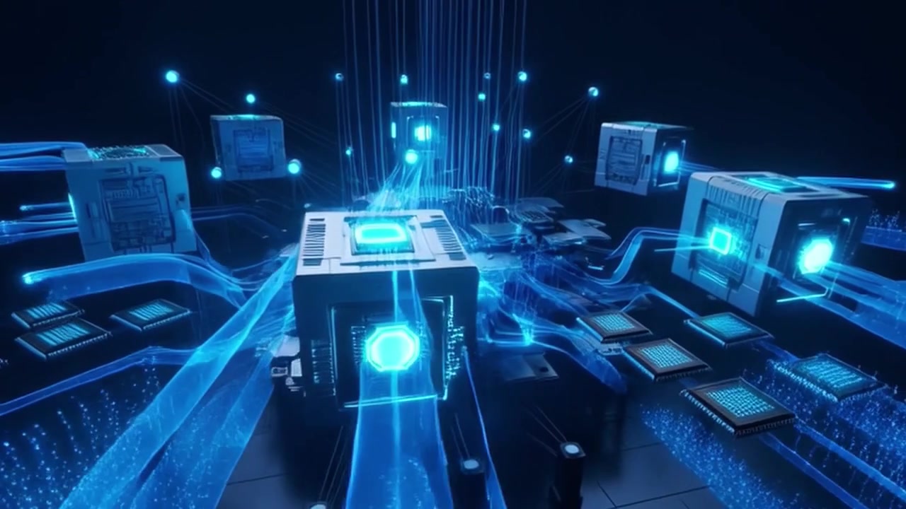 Abstract Digital Network Connecting Glowing Data Cubes and Microchips