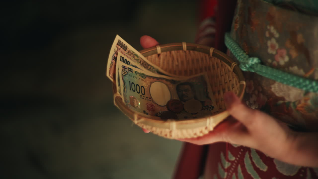 Collection of Japanese Yen in a Wicker Basket