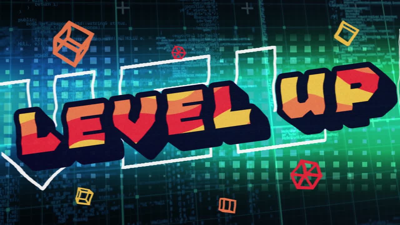 검은색 배경에서 모양과 데이터 처리에 대한 레벨 업 텍스트의 애니메이션