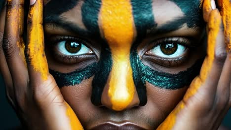 a woman with a tiger face paint on her face