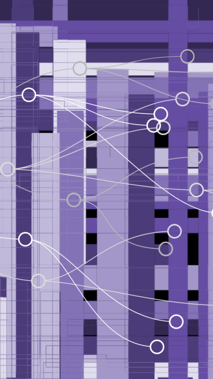 Animation of network of connections over purple light trails against black background