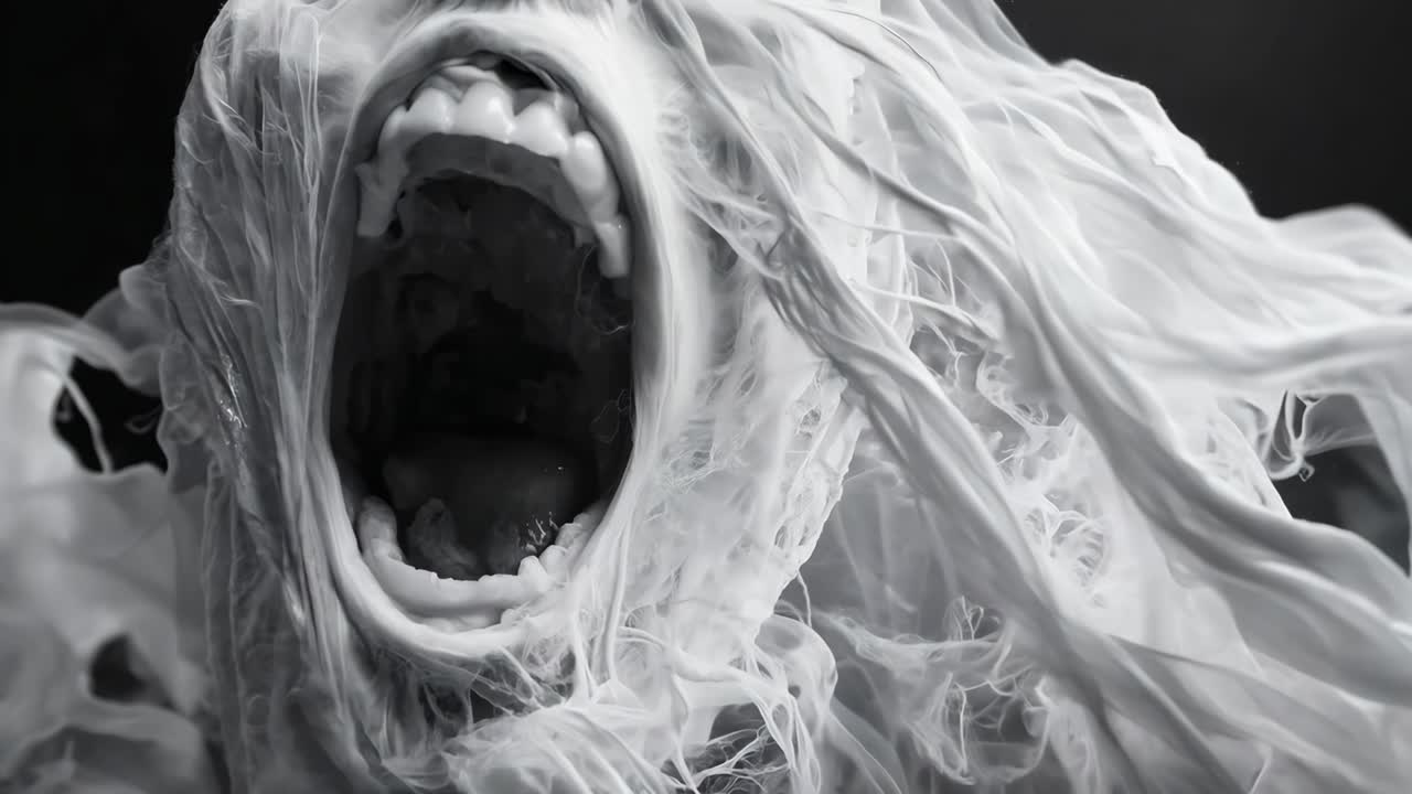 입 을 열고 비명을 지르는 여자 의 흑백 사진