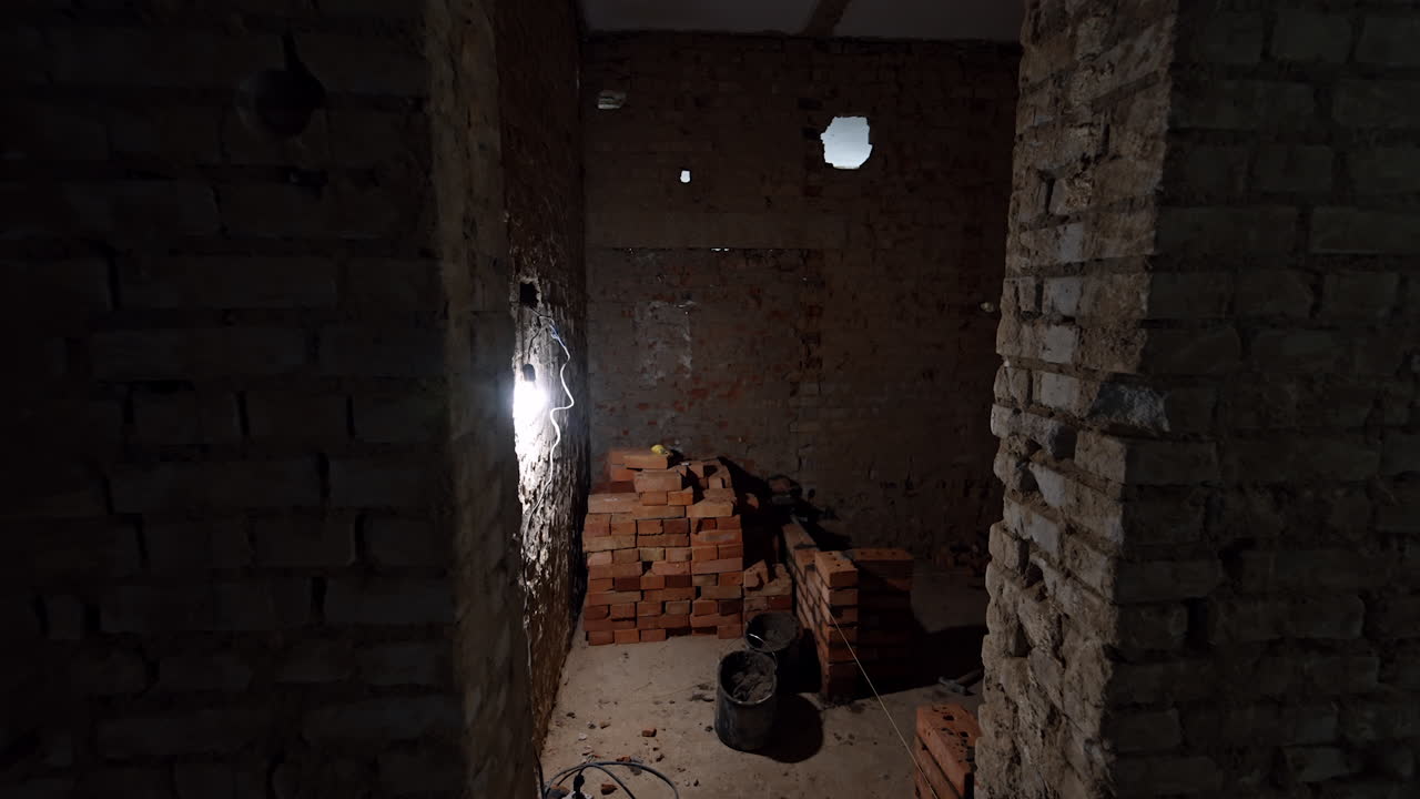 Dark room lit with one bulb in the basement. Piles of red bricks are on the floor of the premise. Construction concept.