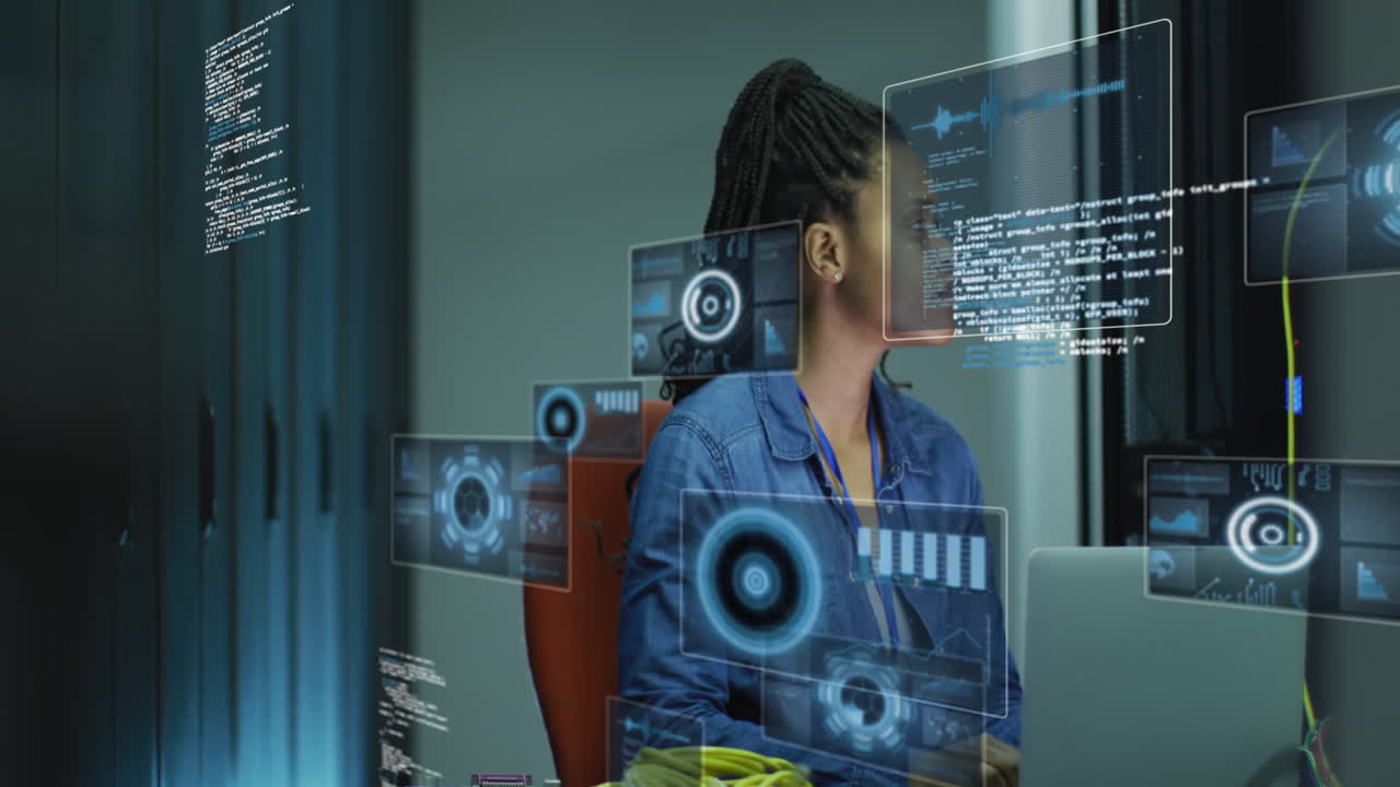 Animation of data processing over african american businesswoman by computer servers