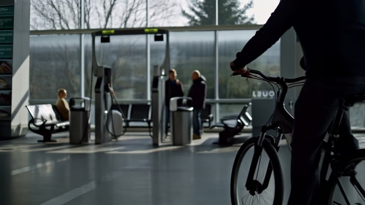 Person riding a bicycle through a modern indoor public space or terminal