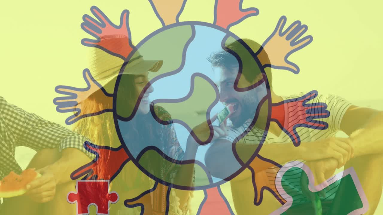 여름 해변 파티에서 행복한 친구들을 손에  ⁇ 고 있는 다채로운 퍼즐 조각과 지구의 애니메이션