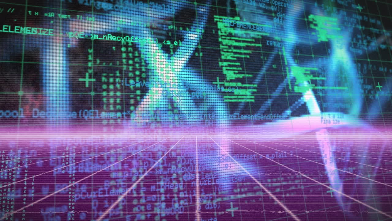 검은 바탕에 보라색 그리드 네트워크를 통해 데이터 처리 및 dna 구조의 애니메이션