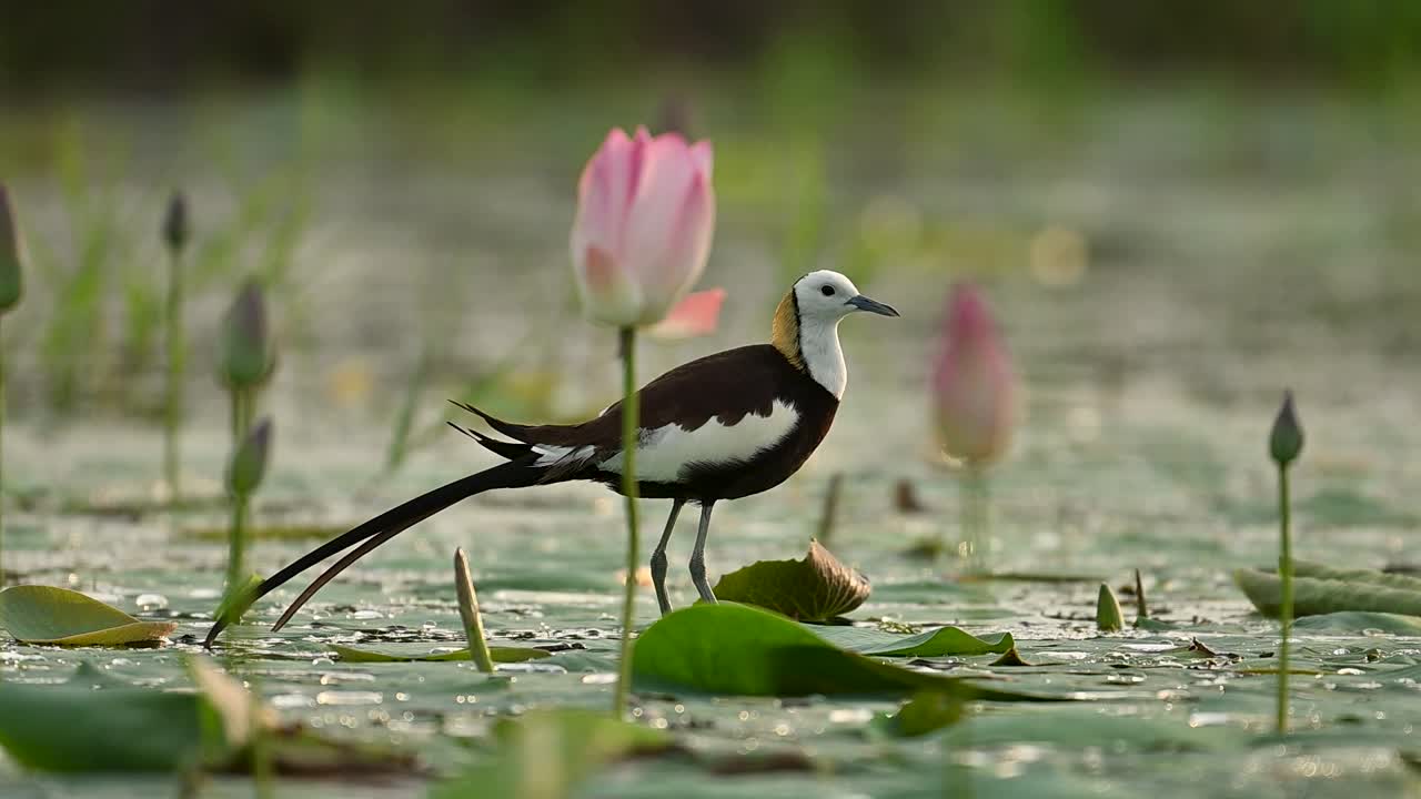 This wetland bird is seen near rain-kissed lily flowers during sunset