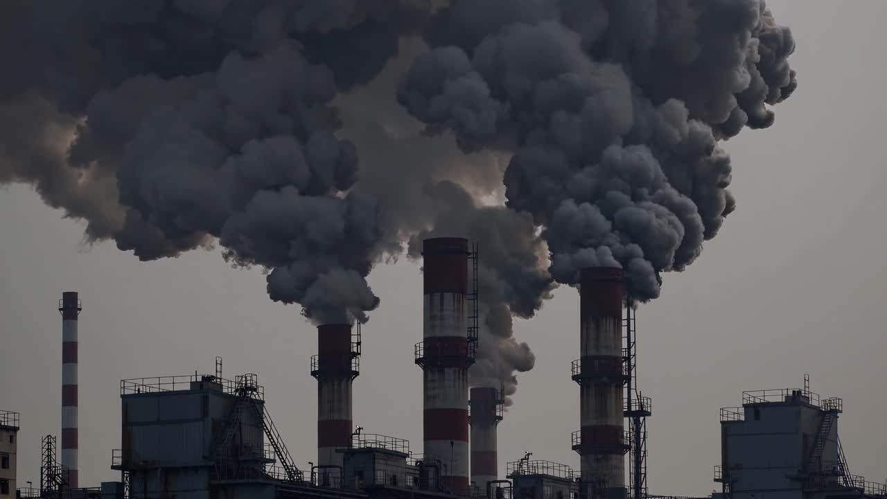 Industrial chimneys emit thick smoke, captured from a low angle