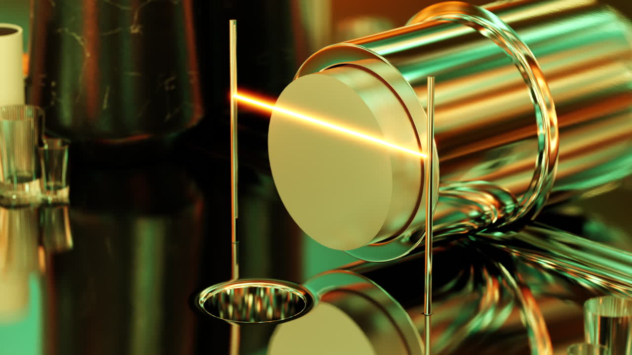 laser blade cutting pieces from round golden substance squeezed. 3d animation loop