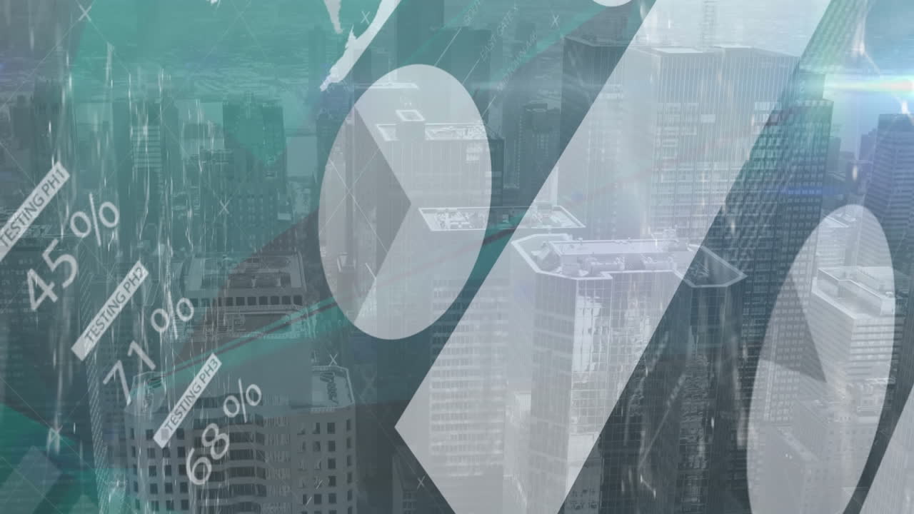 도시 풍경 위의 금융 데이터 처리 애니메이션