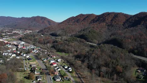 aerial view of gate city by us route 58, small town in virginia usa on sunny autumn day, drone shot