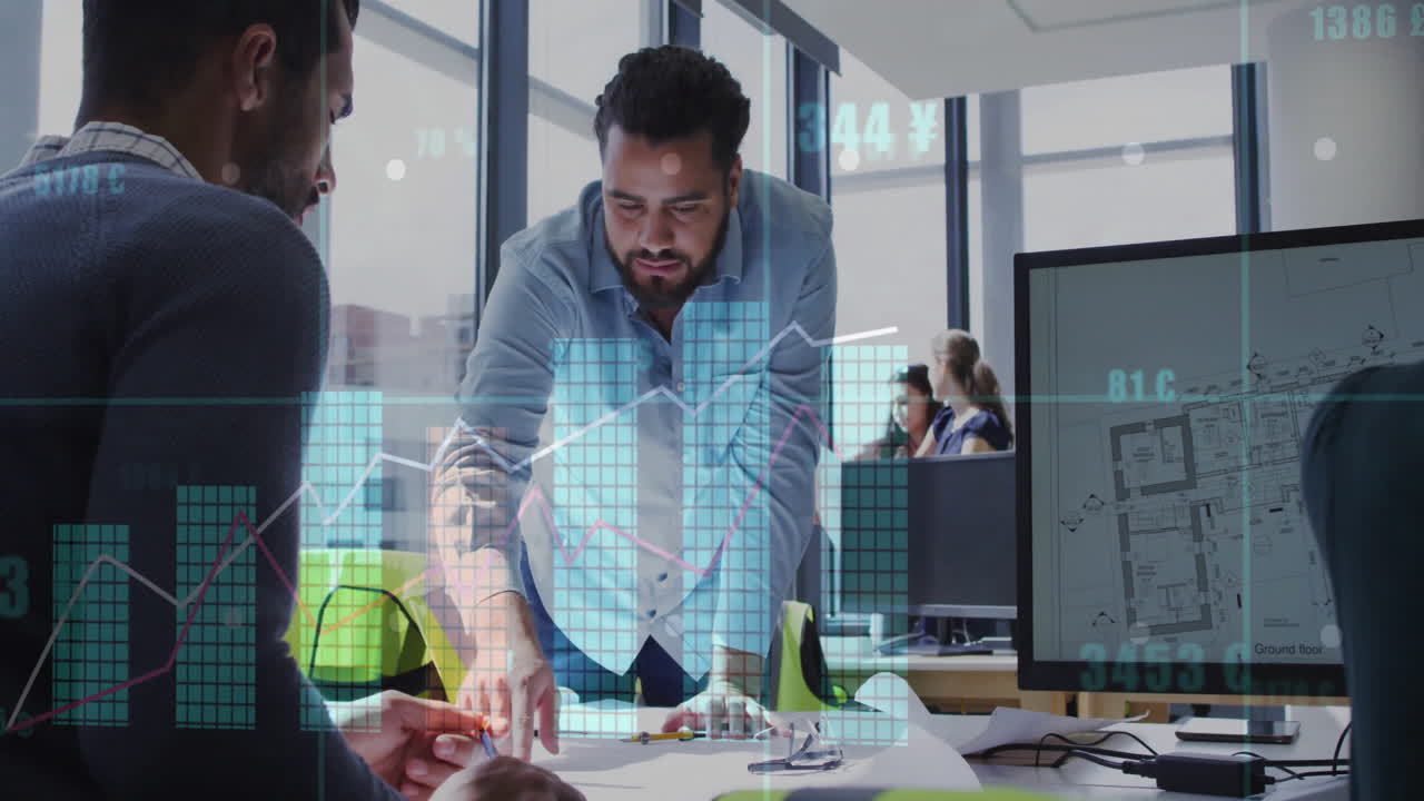 Analyzing financial graphs, business professionals working in modern office animation