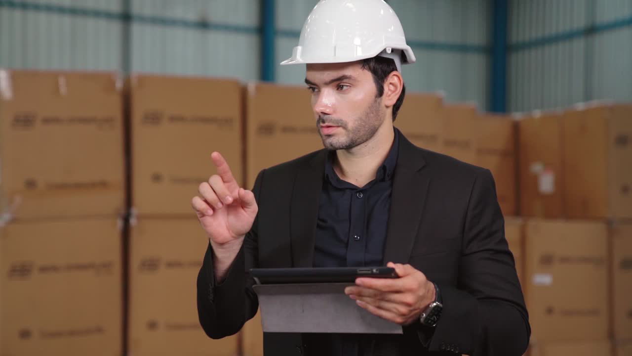 gerente de fábrica que utiliza una tableta en el almacén o la fábrica