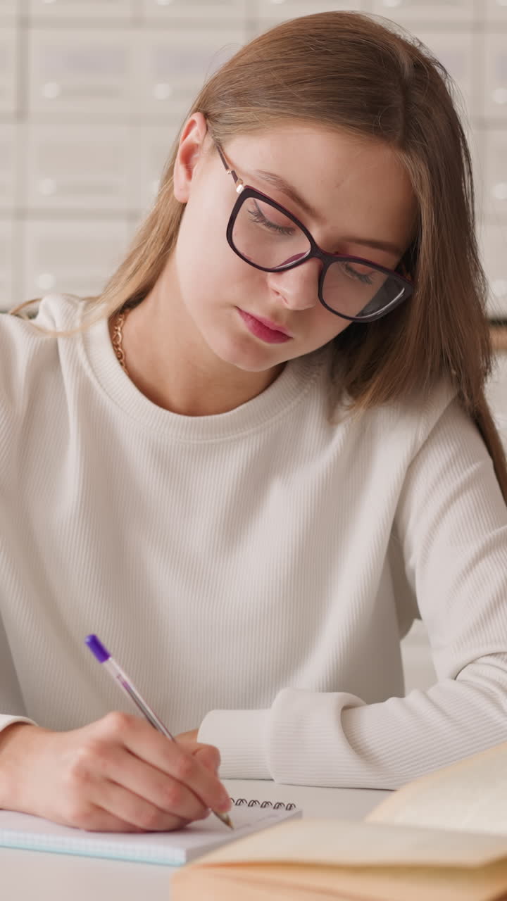 Young blonde woman writes notes in university library. Female student in glasses sits at table preparing for class using educational book. Attention during study