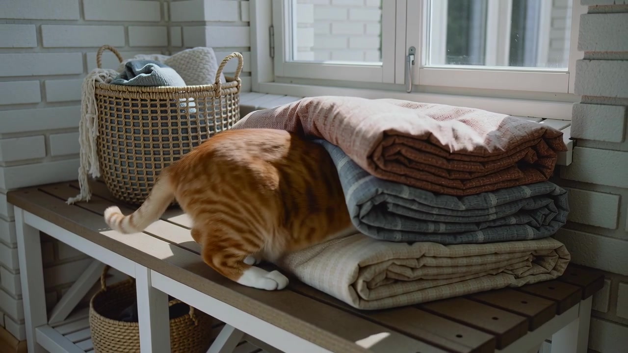 Sniffing quilts' scent, ginger tabby cat crawling under folded blankets on sunlit wooden bench