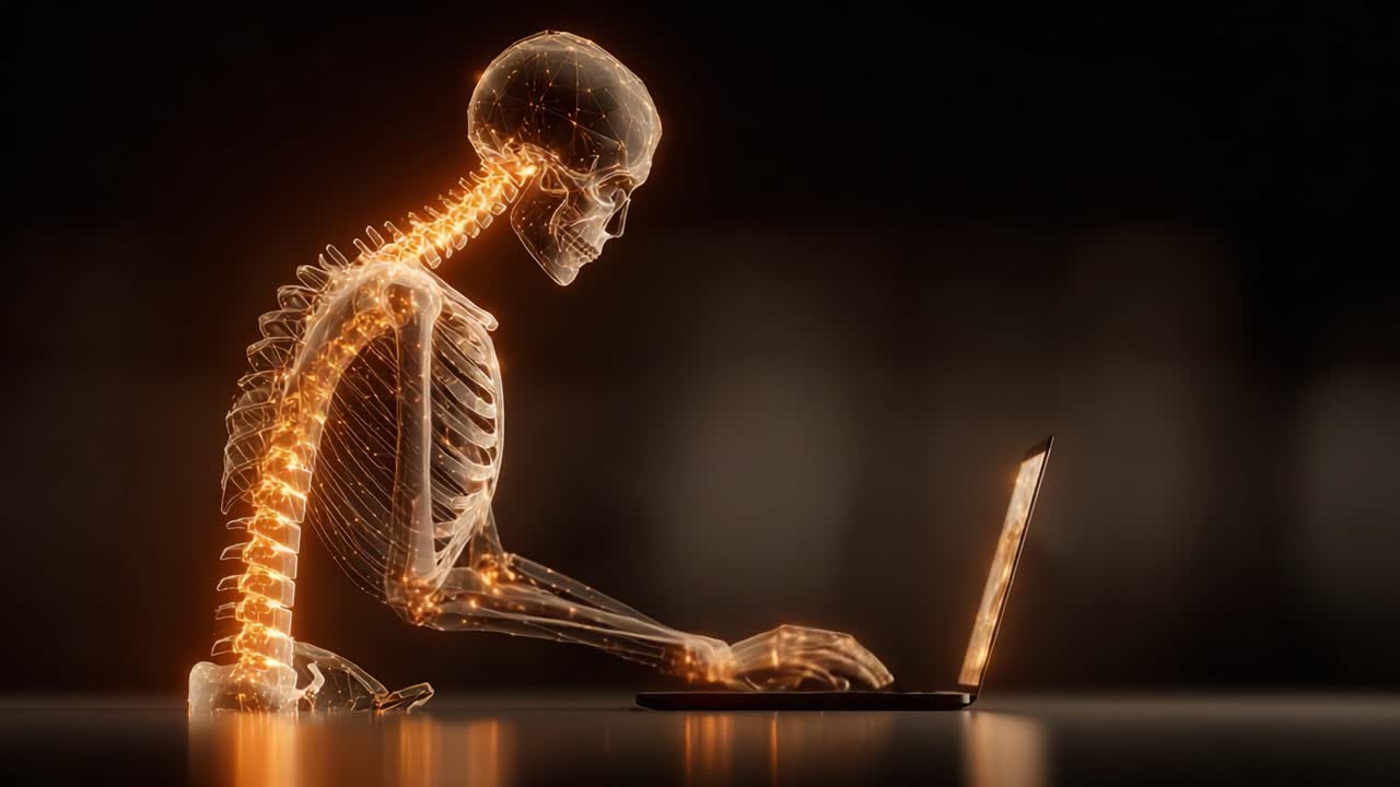 Et teknologisk skelet midt i den digitale verden: En kunstnerisk fremstilling af en menneskelignende figur, der interagerer med en bærbar computer i et mørkt omgivende miljø
