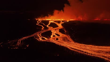 new 2024 svartsengi volcanic eruption in iceland with long lava river at night