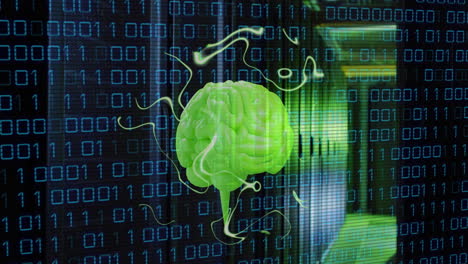 animation of human brain and binary coding data processing over computer servers