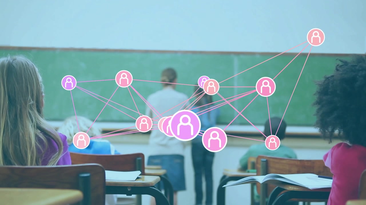 Teacher calling student, guiding writing on chalkboard, revealing pink purple network overlay