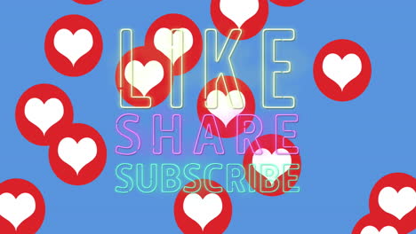 animación de como compartir suscribirse texto sobre iconos de corazón en fondo azul