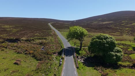 above view of narrow asphalt road in the wicklow mountains in ireland. aerial drone shot