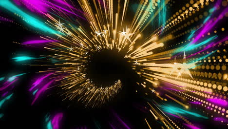 golden spiral spinning inside cosmic vortex, glowing dotted beams and star bursts dancing
