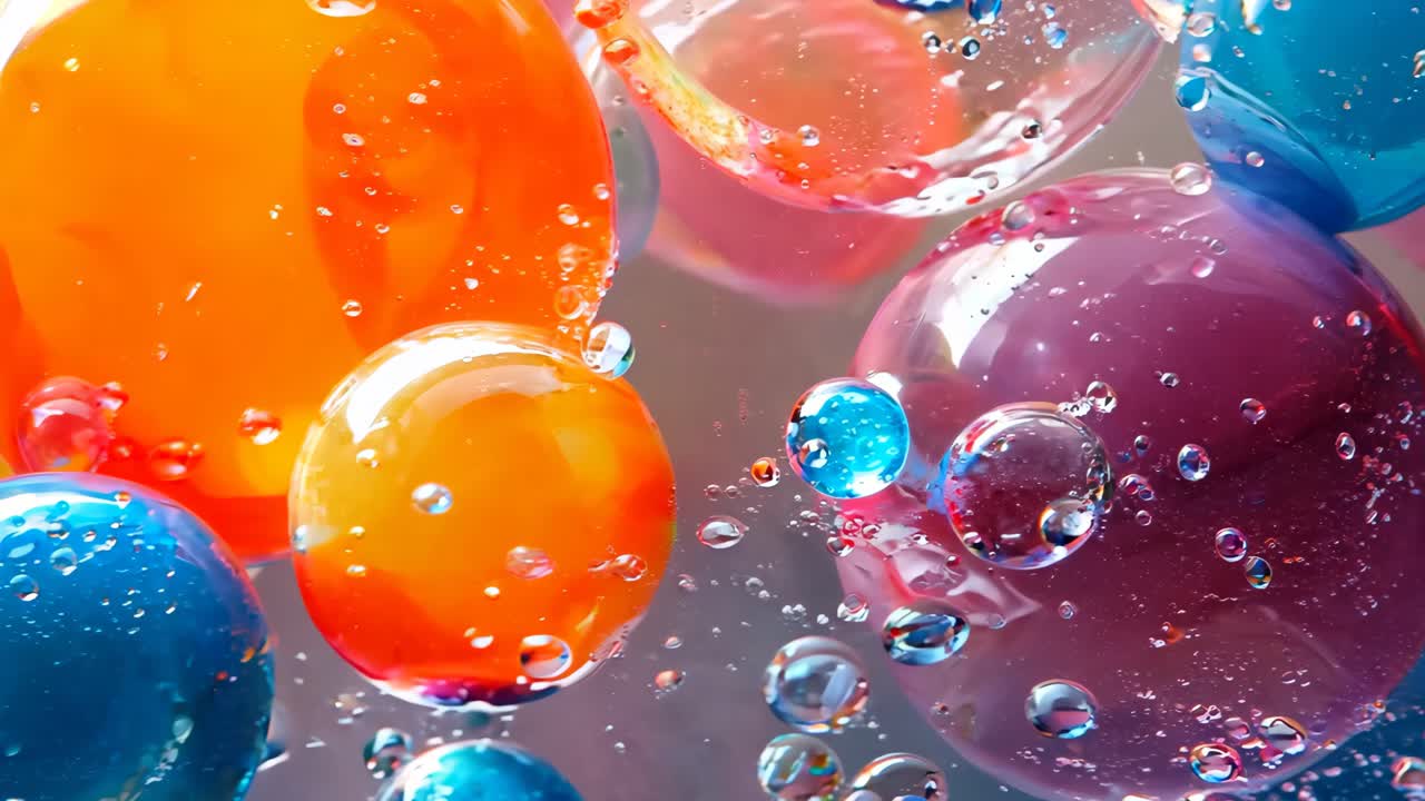 A colorful image of many different colored spheres with water droplets surrounding them. The image has a playful and whimsical mood, with the bright colors and the way the spheres are arranged
