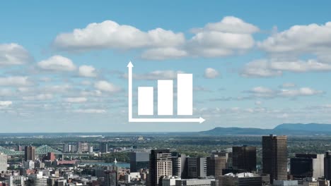 animation of white bar graph icon appearing over blue sky and modern cityscape