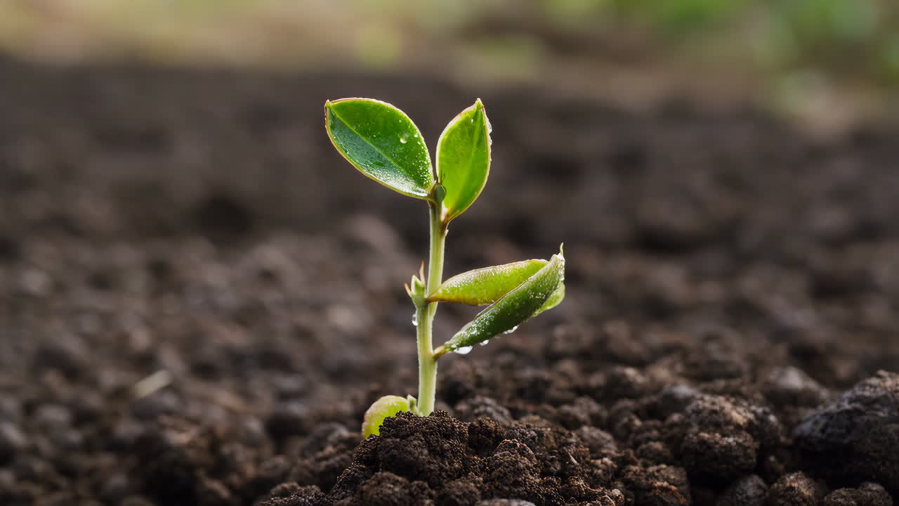 A close-up of a small green plant sprouting from dark soil