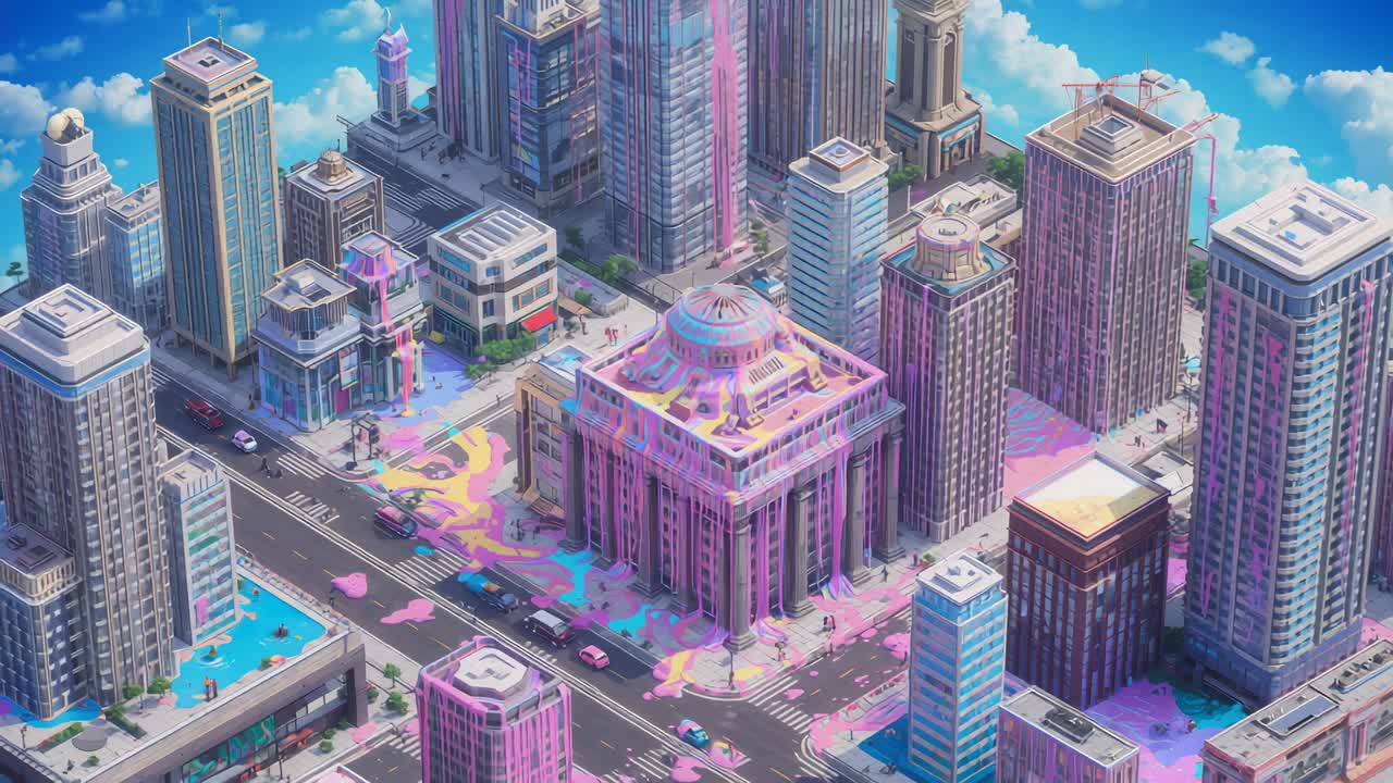 Tinta pastel espalhada e fluindo de um hall central com domo pela grade da cidade, cobrindo ruas e carros