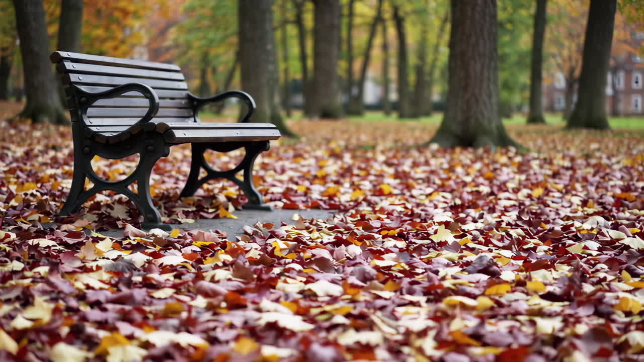 Empty Park Bench in Autumn Leaves