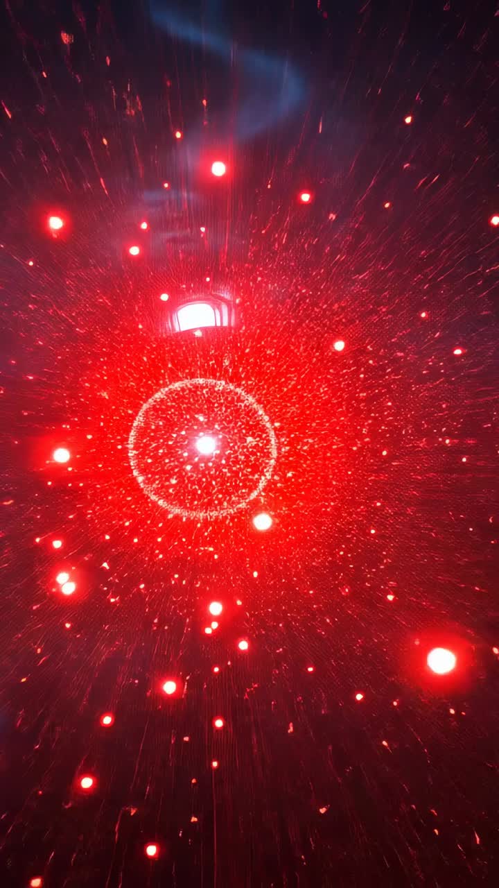Vertical video: Flashing box in void causing red core pulsing and sending sparks forming blue mist