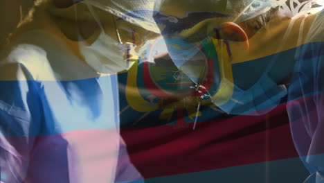 animation of flag of ecuador waving over surgeons in operating theatre