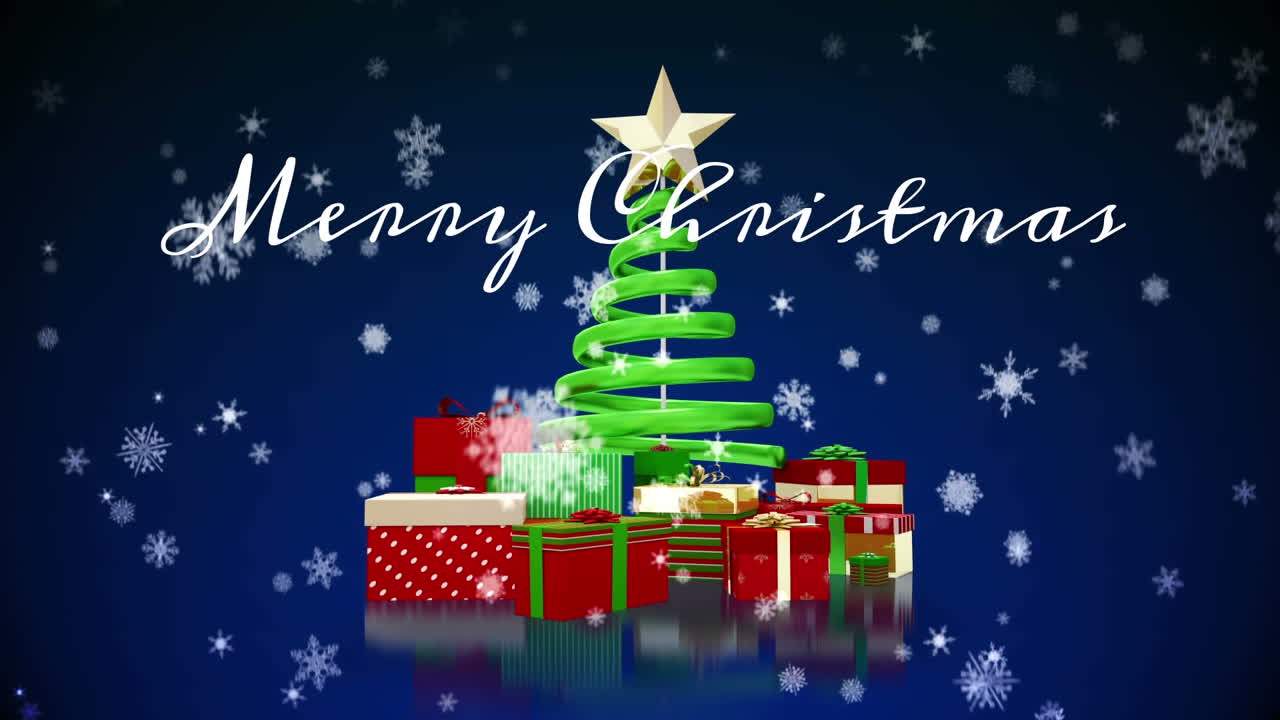 Christmas tree and presents with Merry Christmas text over falling snowflakes animation