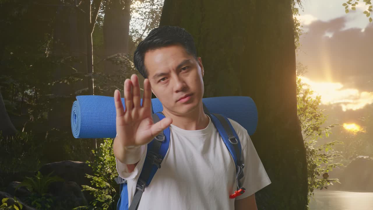 산악 배을 들고 카메라를 바라보고 숲의 자연을 탐험하는 동안 멈추는 손 표지판을 만드는 아시아 남성 하이커의 클로즈업