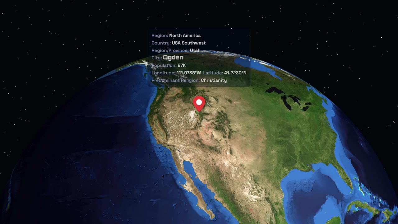 Globo digital gira y se acerca a Norteamérica, destacando Ogden, Utah con datos de ubicación.