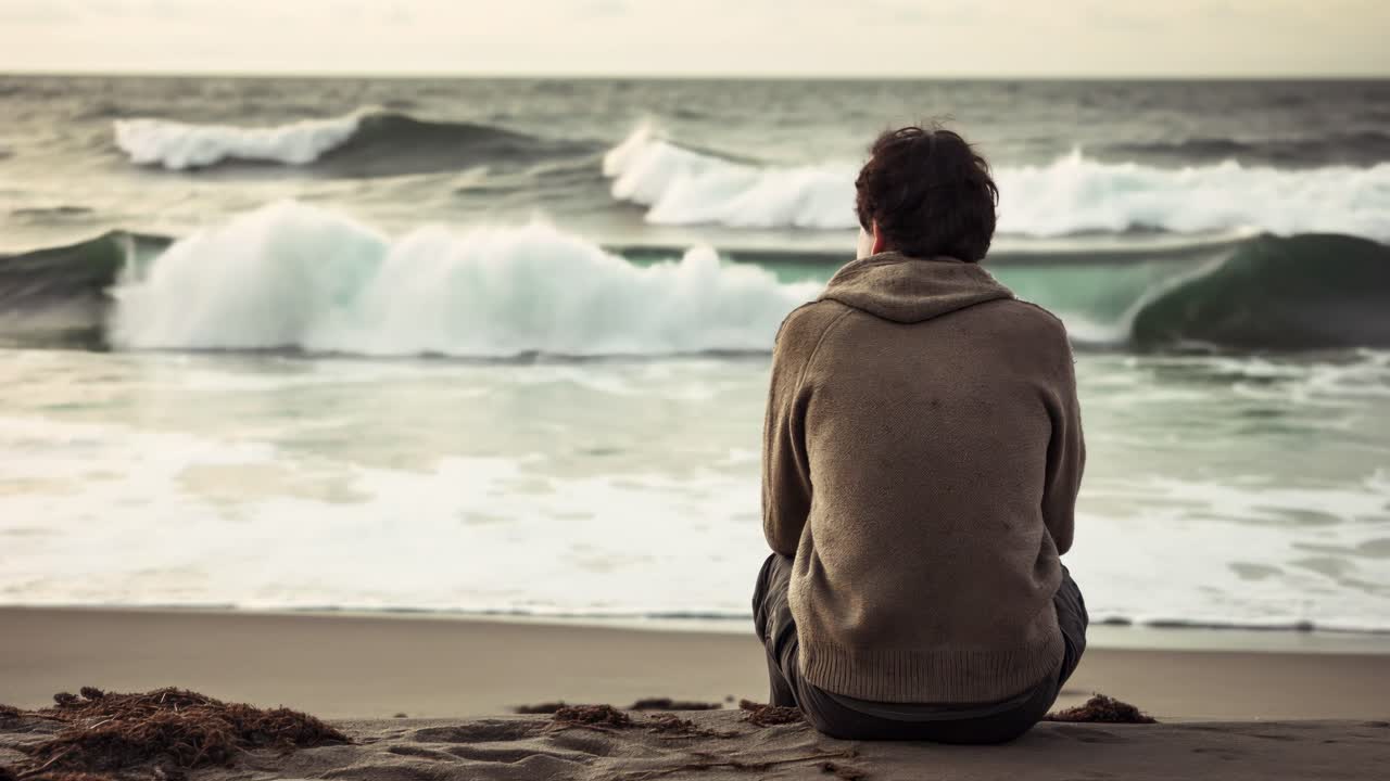 Una scena contemplativa di una persona seduta su una spiaggia, di fronte all'oceano