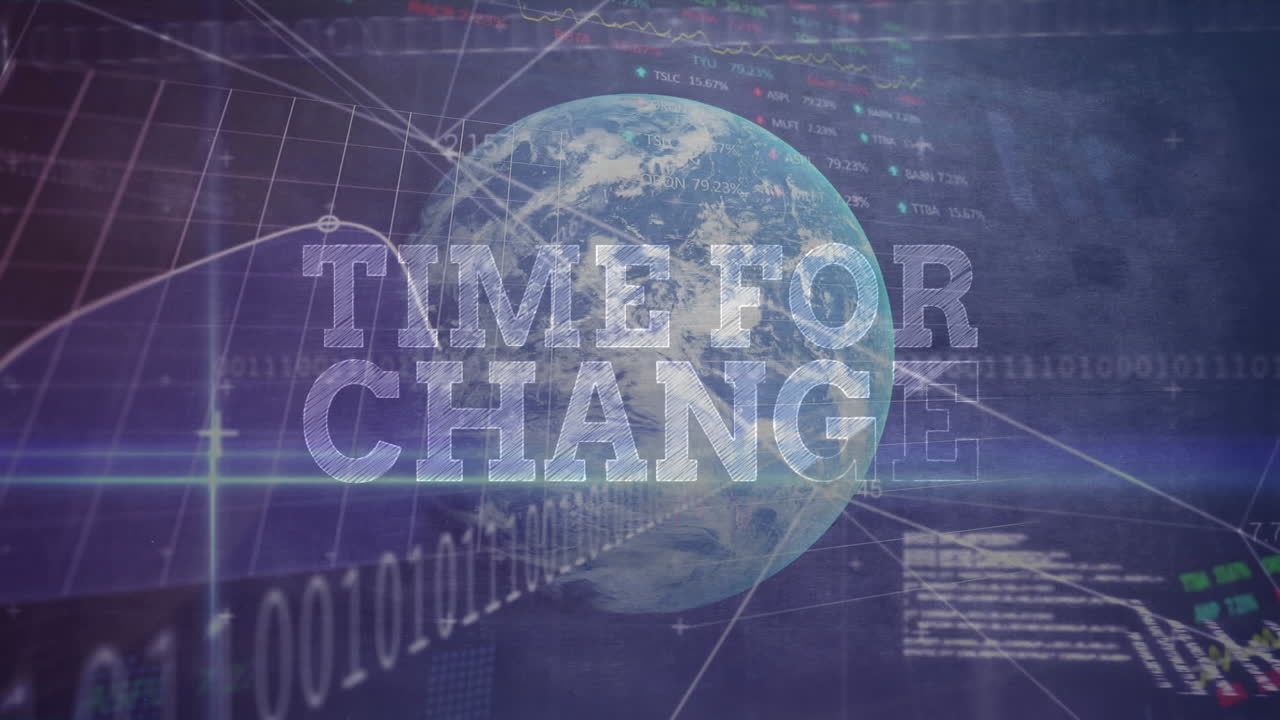 변경 시간의 애니메이션 금융 데이터 처리에 대한 텍스트와 파란색 배경에 대한 지구